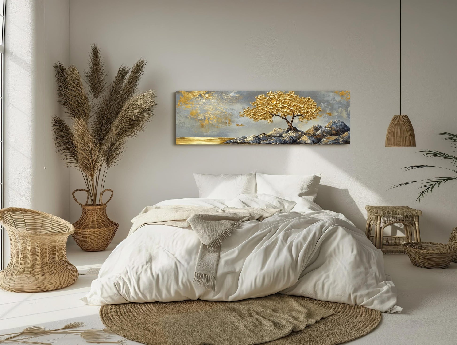 Gold Tree canvas wall art shown in a bedroom