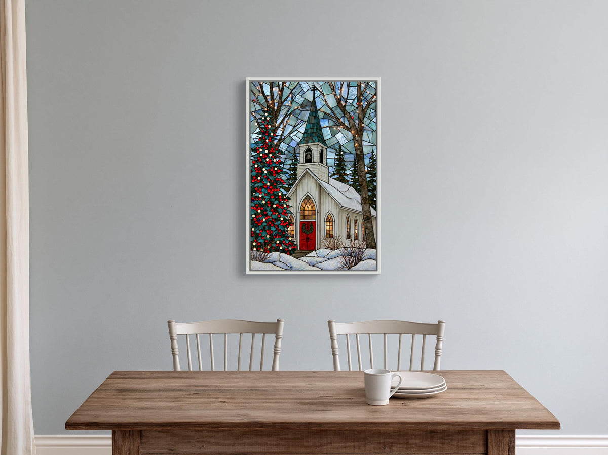 Christmas chapel stained glass canvas wall art, white church with a red door, surrounded by a snowy landscape with trees and