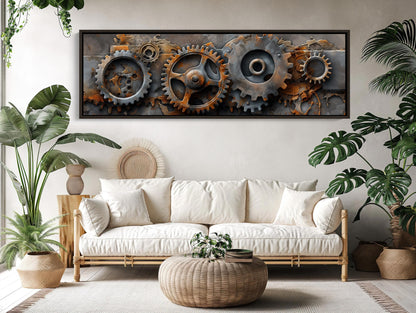 Metal Gears , Industrial Steampunk Panoramic canvas wall art shown in a living room