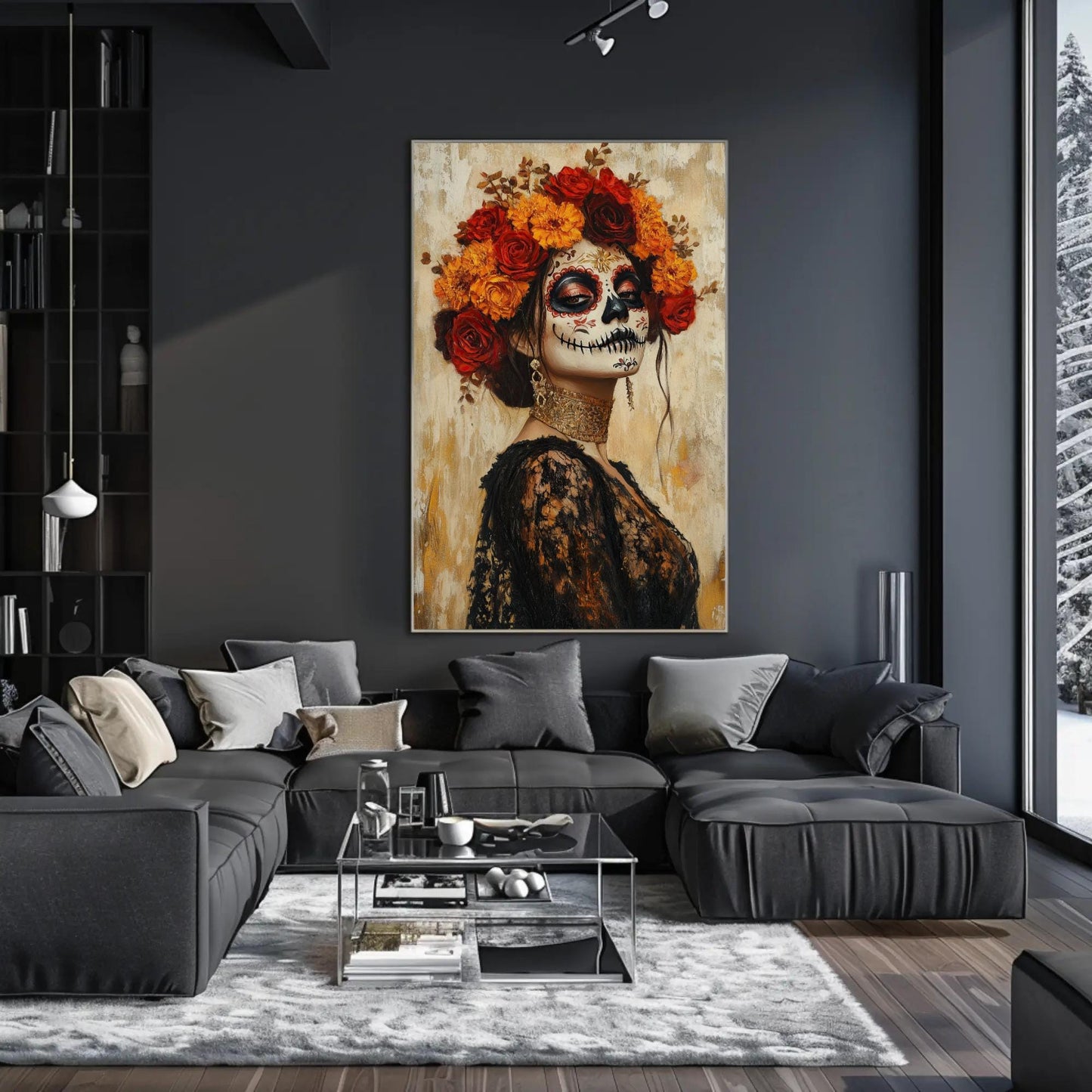Sugar Skull canvas wall art shown in a living room (view 3)
