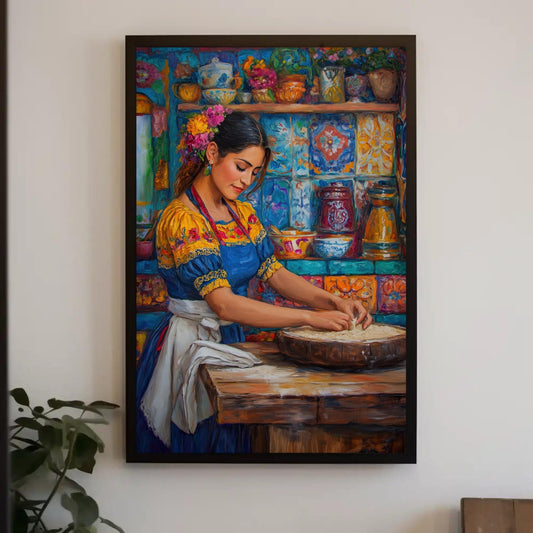 a painting of a woman cooking in a kitchen