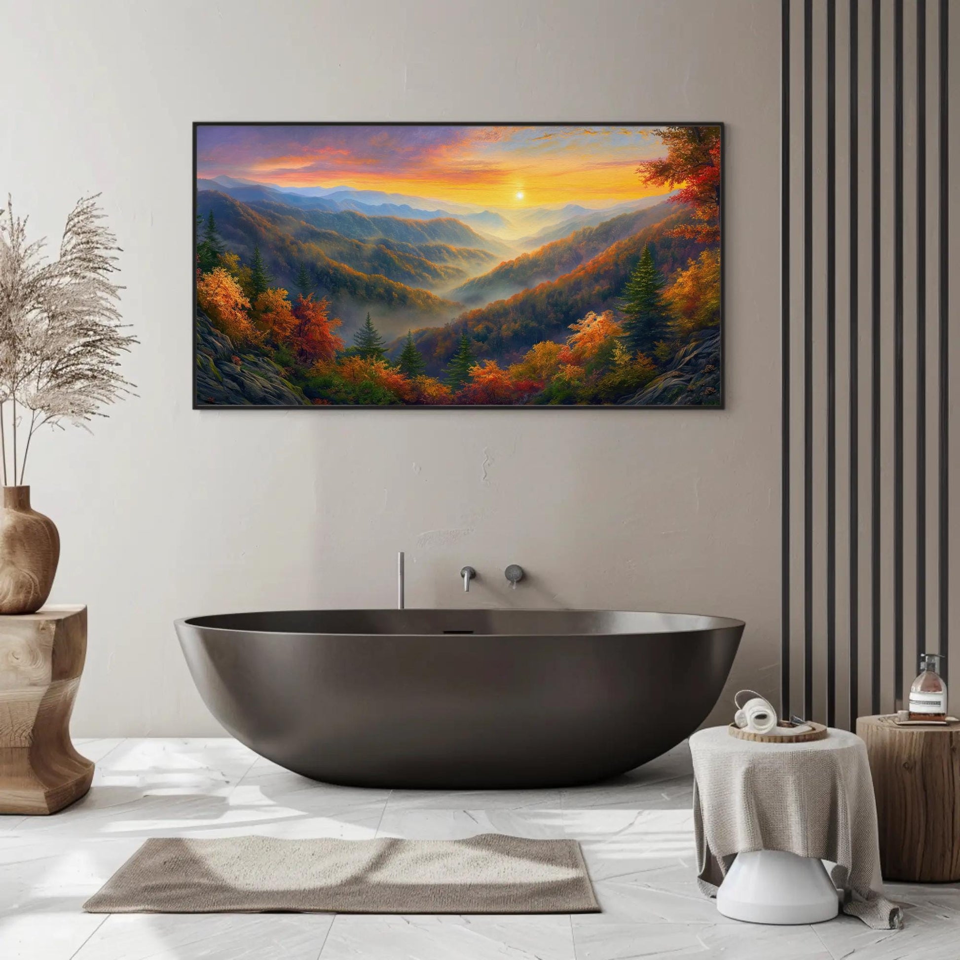 a bathroom with a tub and a painting on the wall