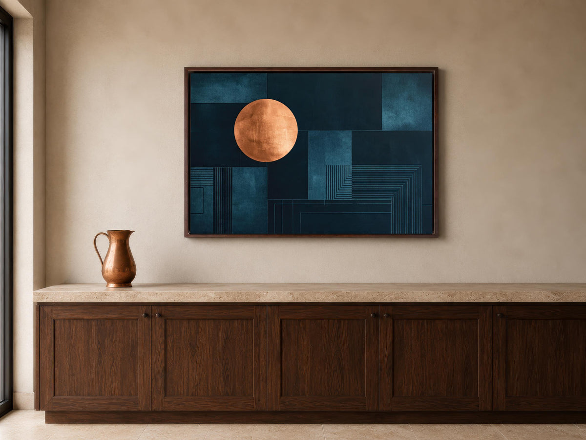 a large framed artwork depicting a blue abstract design with a large orange circle in the center, hanging on a wall above a wooden cabinet.