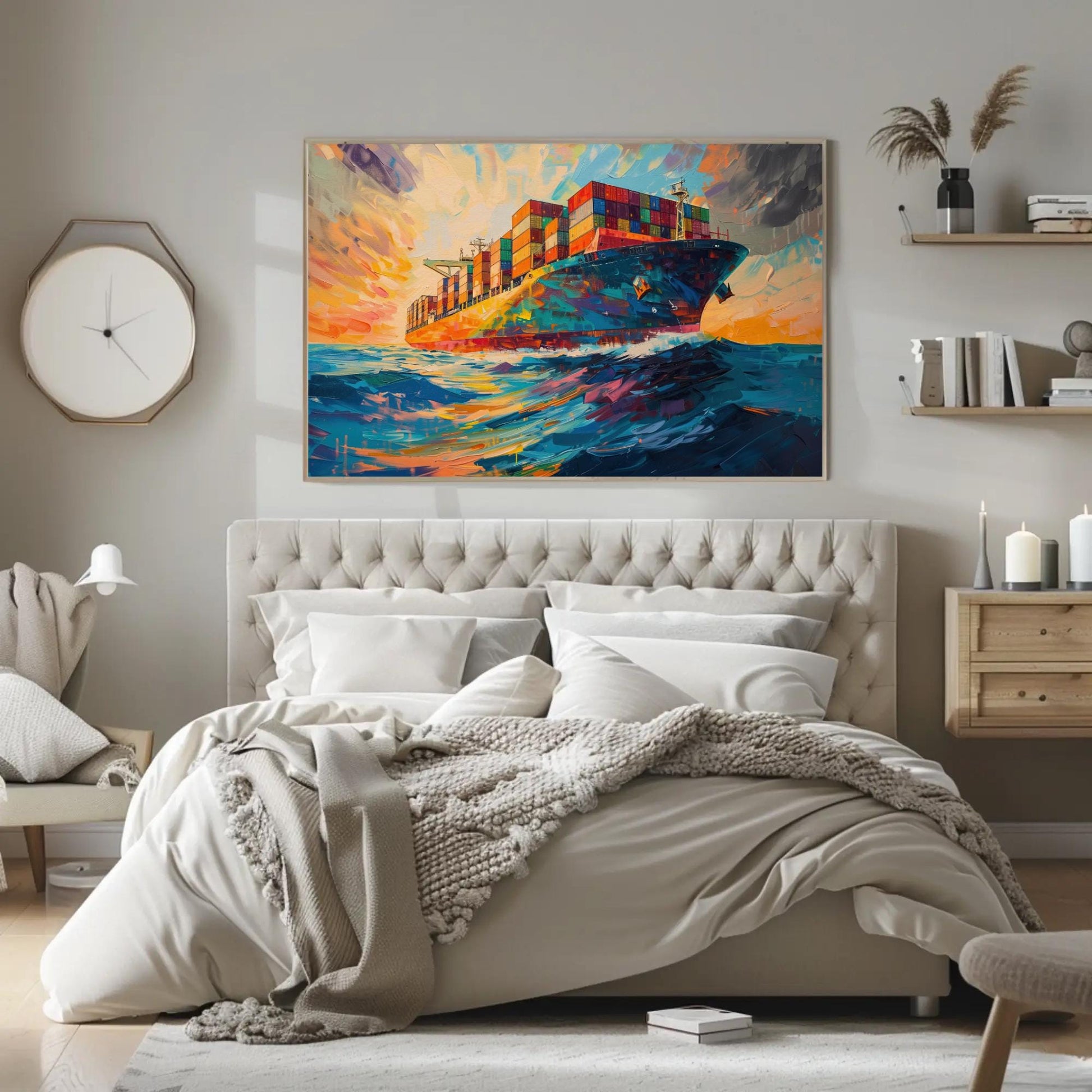 Container Ship canvas wall art shown in a bedroom (view 2)