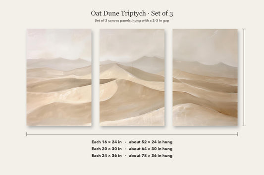 Neutral sand dunes triptych canvas wall art, image is a set of three canvas panels, each depicting a landscape with rolling