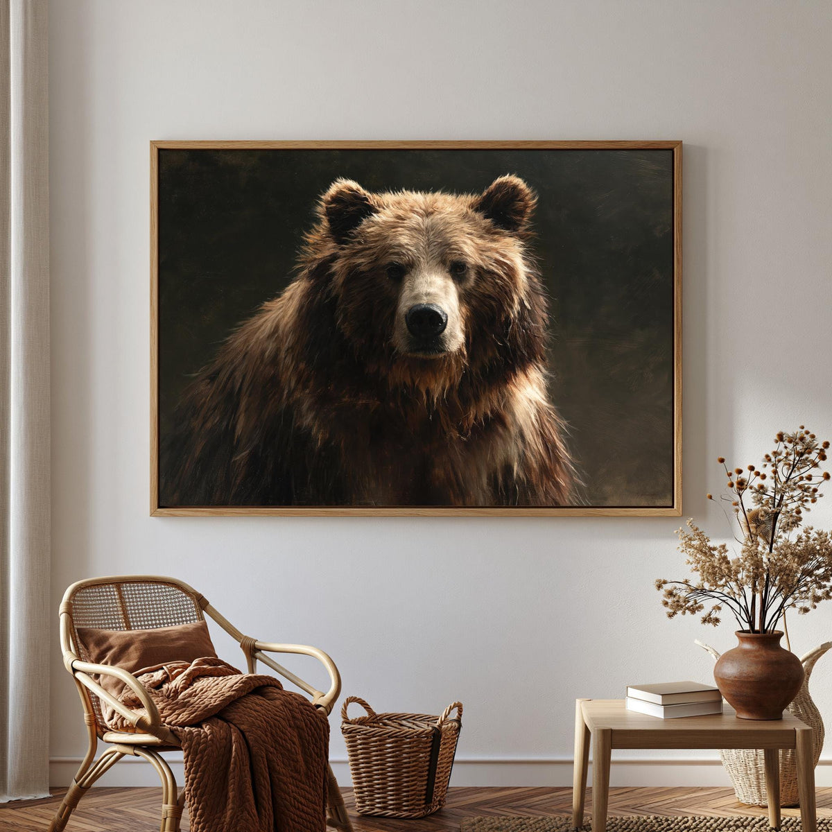 a large brown bear in a dark background, hanging on a wall as a framed artwork.