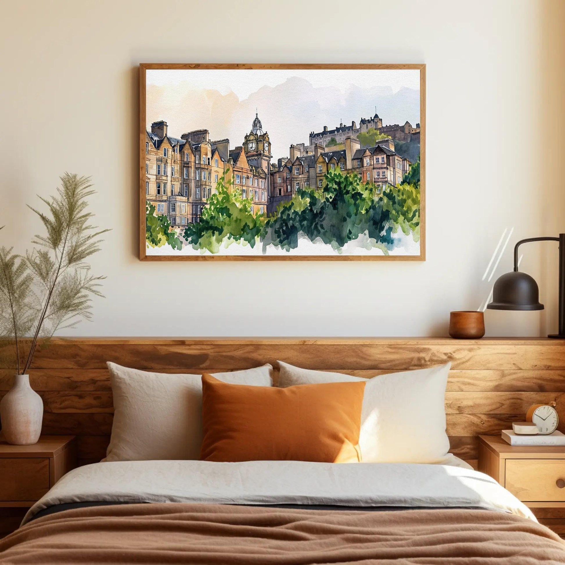 Edinburgh Scotland canvas wall art shown in a bedroom