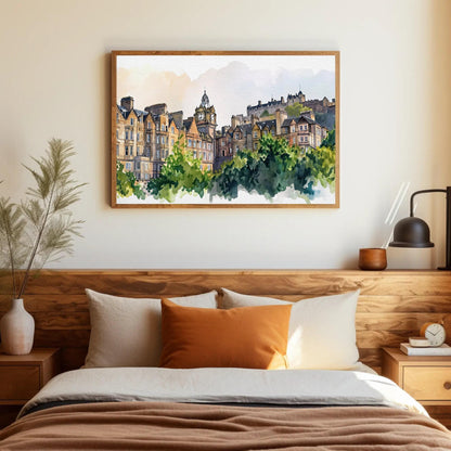 Edinburgh Scotland canvas wall art shown in a bedroom