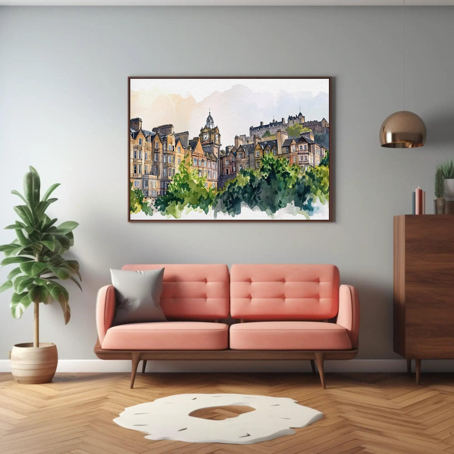 Edinburgh Scotland canvas wall art shown in a living room