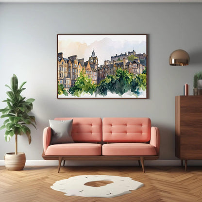 Edinburgh Scotland canvas wall art shown in a living room