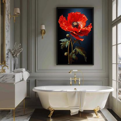 Red poppy on navy canvas wall art, luxurious bathroom with a large, vibrant red flower as the focal point. The bathroom