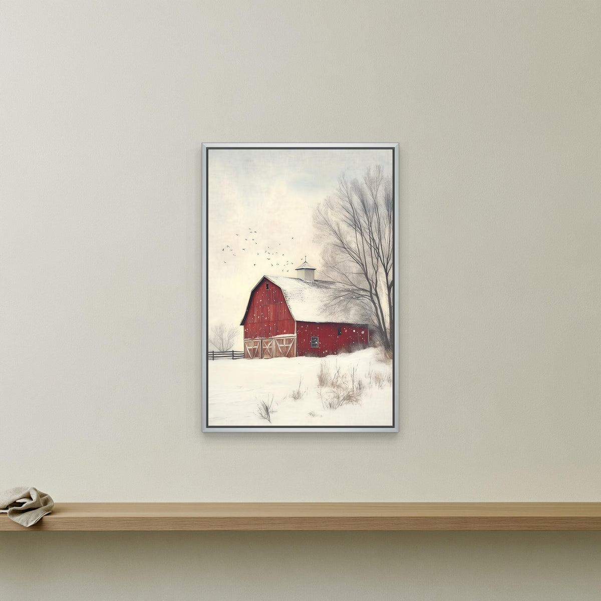 Red barn in winter snow canvas wall art, framed painting of a red barn in a snowy landscape, with a few birds flying in the