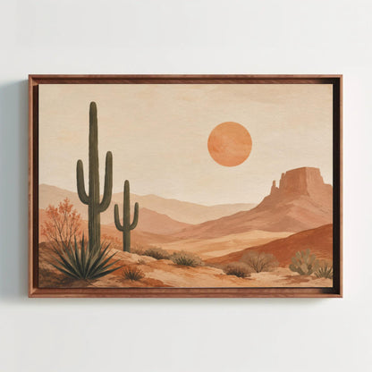 The image is a framed painting depicting a desert landscape with cacti, mountains, and a large orange sun in the sky.
