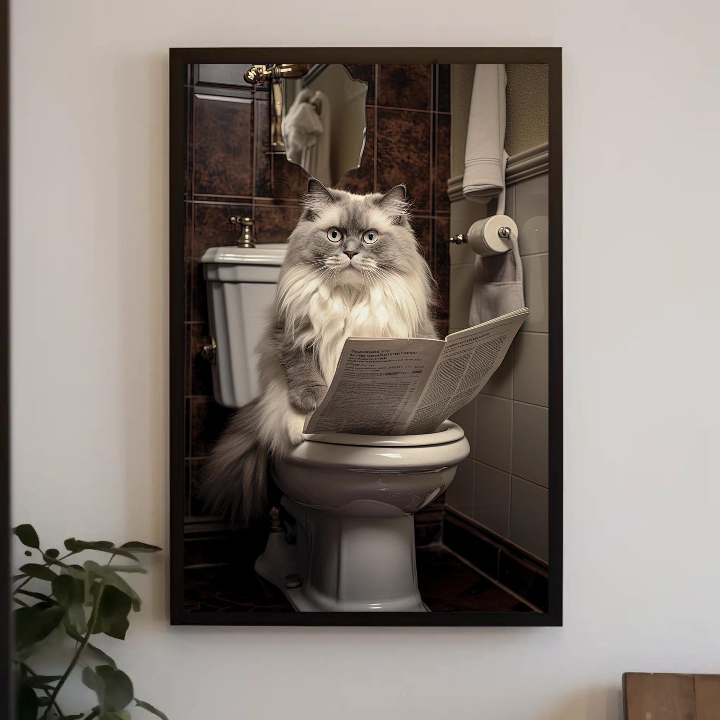 Ragdoll Cat Toilet Art, Funny Bathroom Print, Quirky Toilet Newspaper Canvas