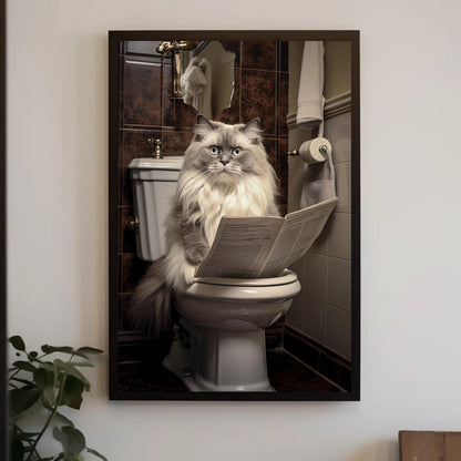 Ragdoll Cat Toilet Art, Funny Bathroom Print, Quirky Toilet Newspaper Canvas
