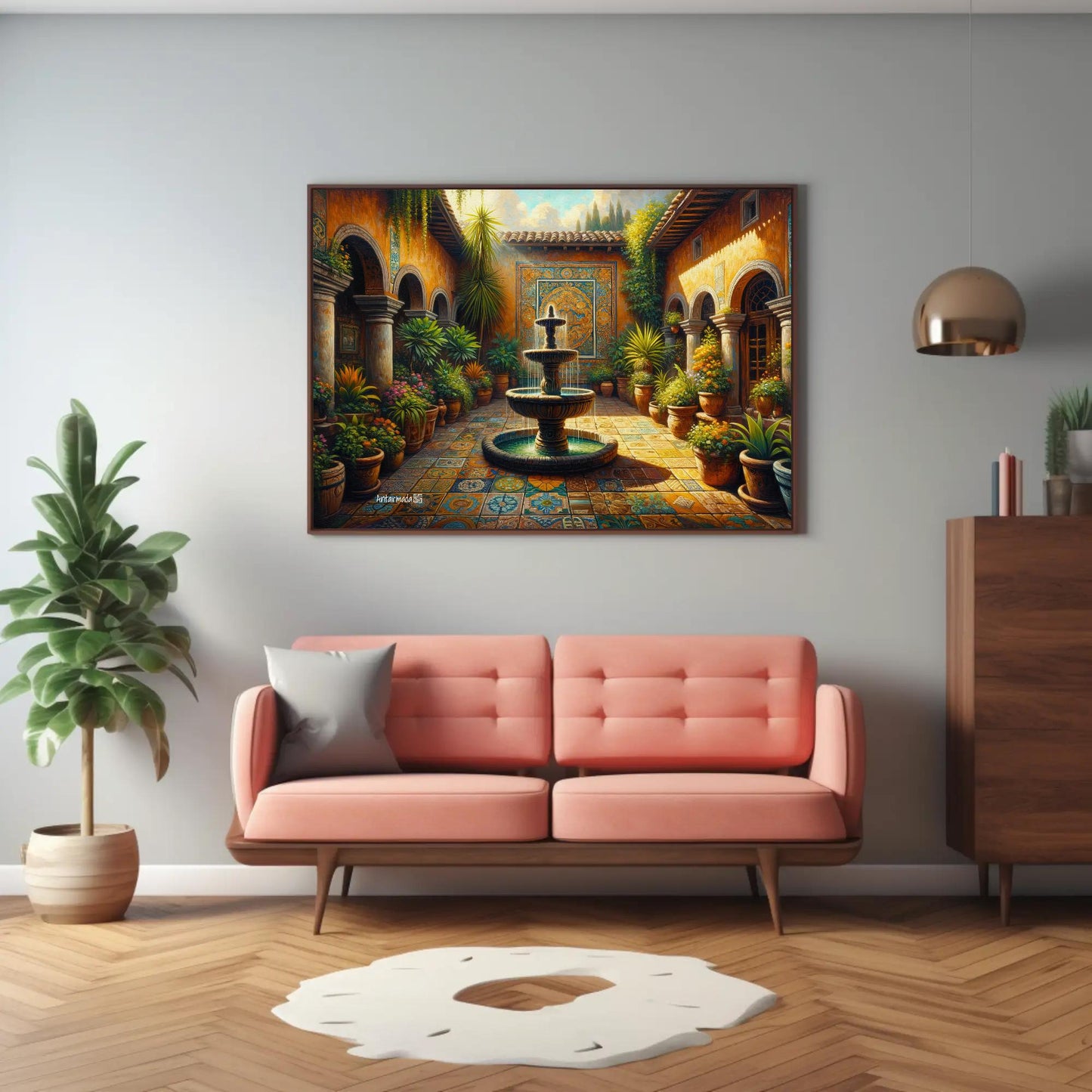 Mexican Courtyard canvas wall art shown in a living room