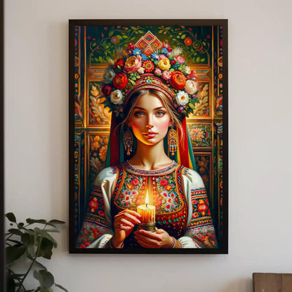 Ukrainian girl with candle canvas wall art, woman in flower crown and embroidered blouse