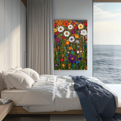 Klimt Floral canvas wall art shown in a bedroom