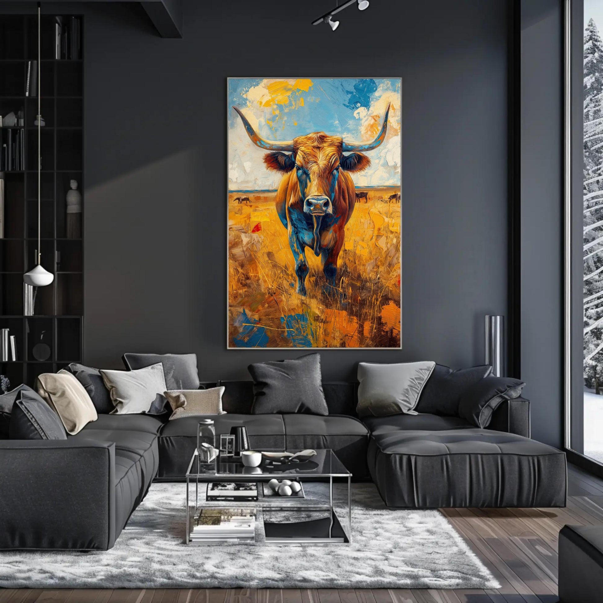 Texas Longhorn Oil Painting canvas wall art shown in a living room (view 3)