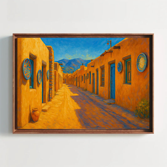 a painting of a street with a clock on the wall