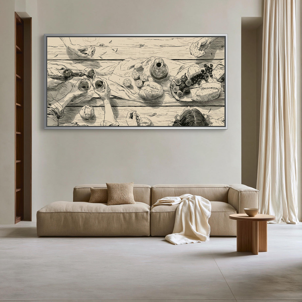 Dinner party table sketch canvas wall art, large, framed artwork depicting a still life scene with various objects