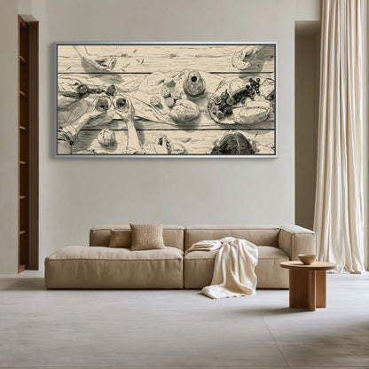 Dinner party table sketch canvas wall art, large, framed artwork depicting a still life scene with various objects