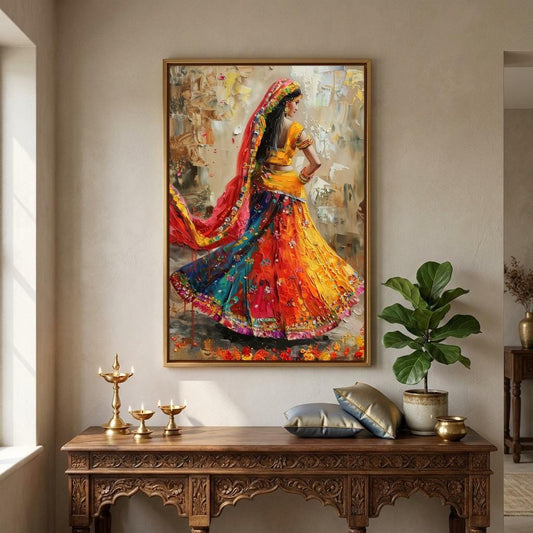 Rajasthani lehenga dancer canvas wall art in a room setting