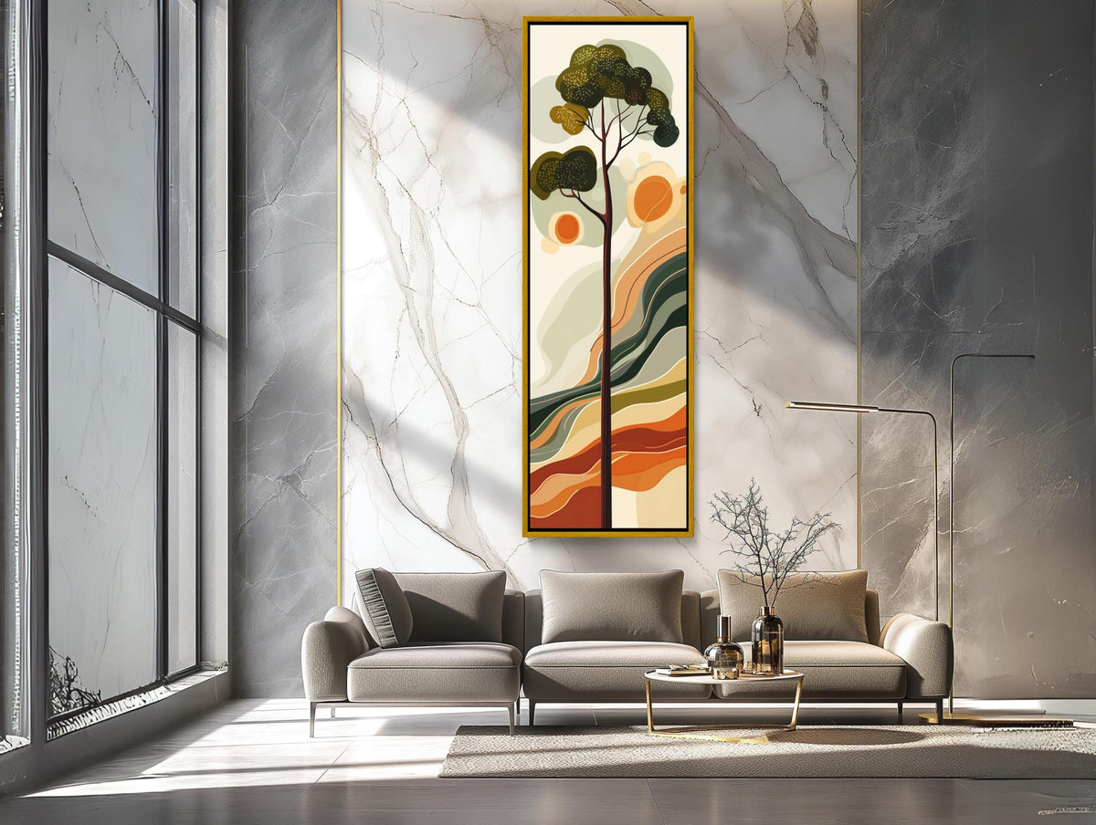 a modern living room with a large abstract painting hanging on the wall above a gray sofa. The painting depicts a tree with orange and green leaves, creating a vibrant and colorful scene. The room has a minimalist and contemporary design, with a large window providing natural light and a marble wall adding elegance and sophistication.