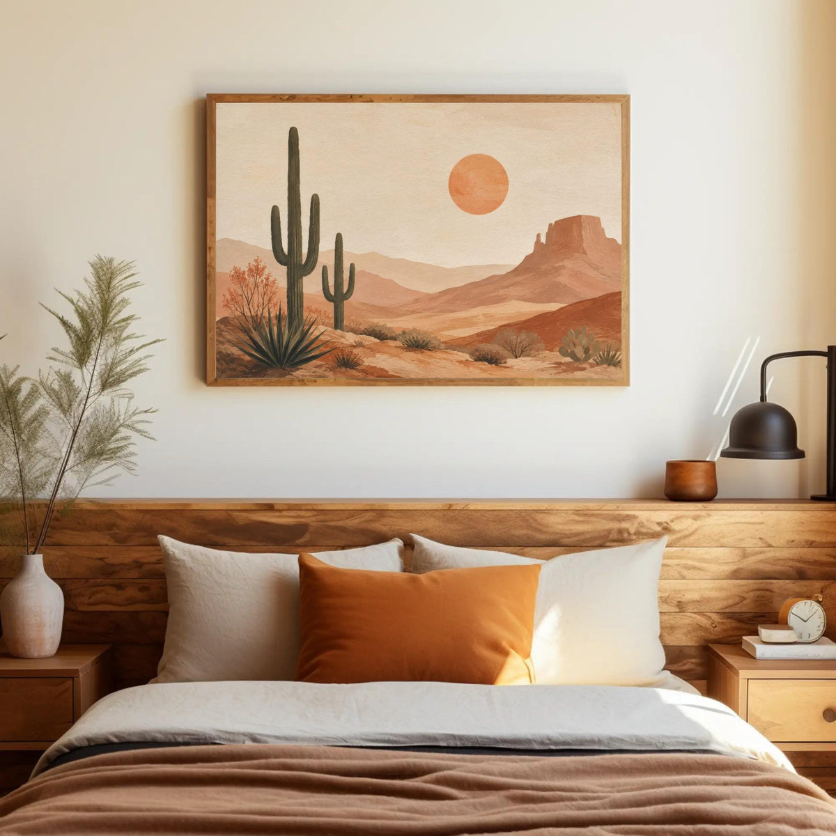 a serene desert landscape with a cactus and a sun in the sky, creating a peaceful and calming atmosphere.