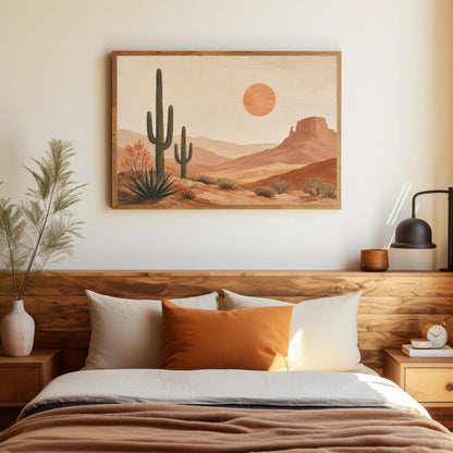 a serene desert landscape with a cactus and a sun in the sky, creating a peaceful and calming atmosphere.
