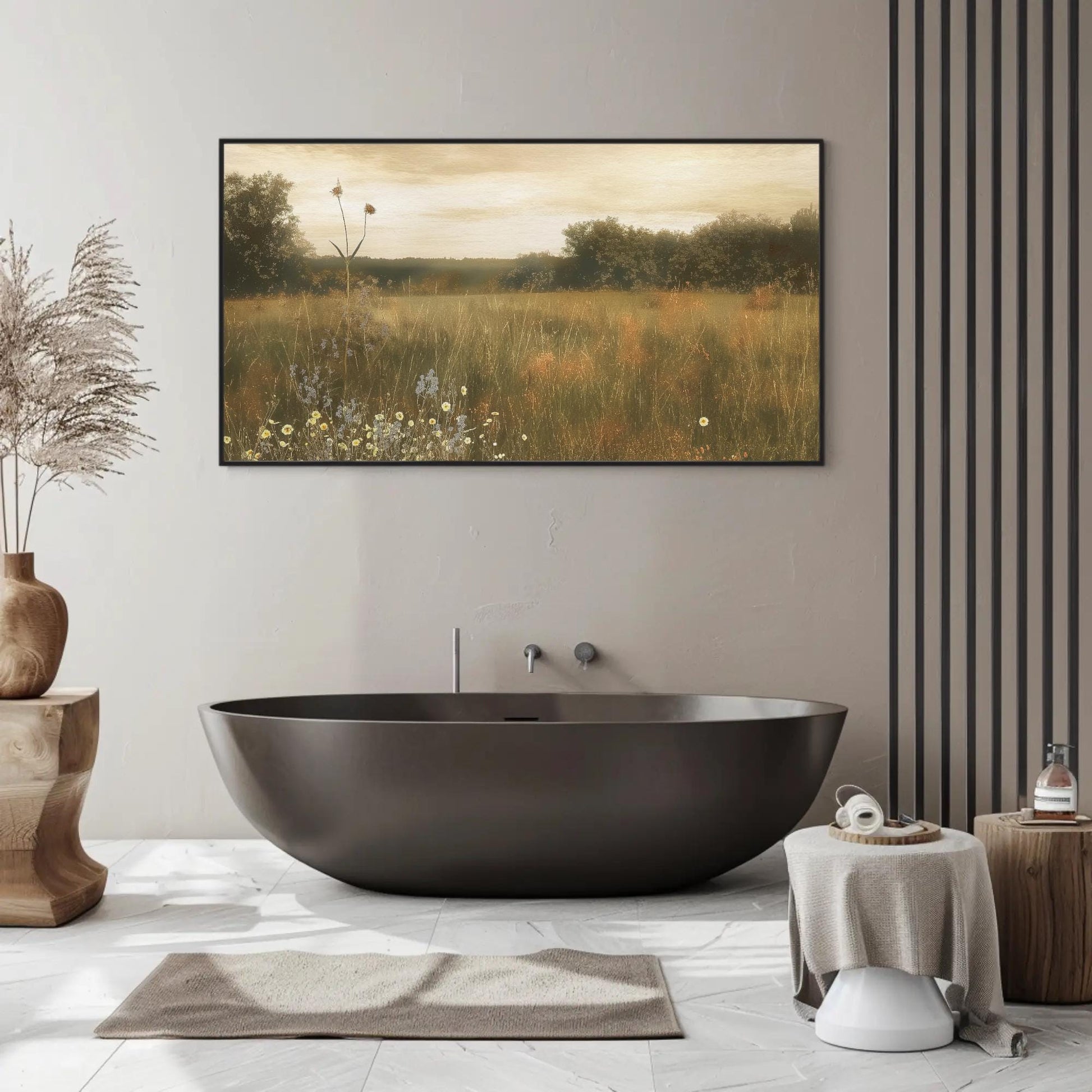 Wildflower Field Painting canvas wall art shown in a bathroom