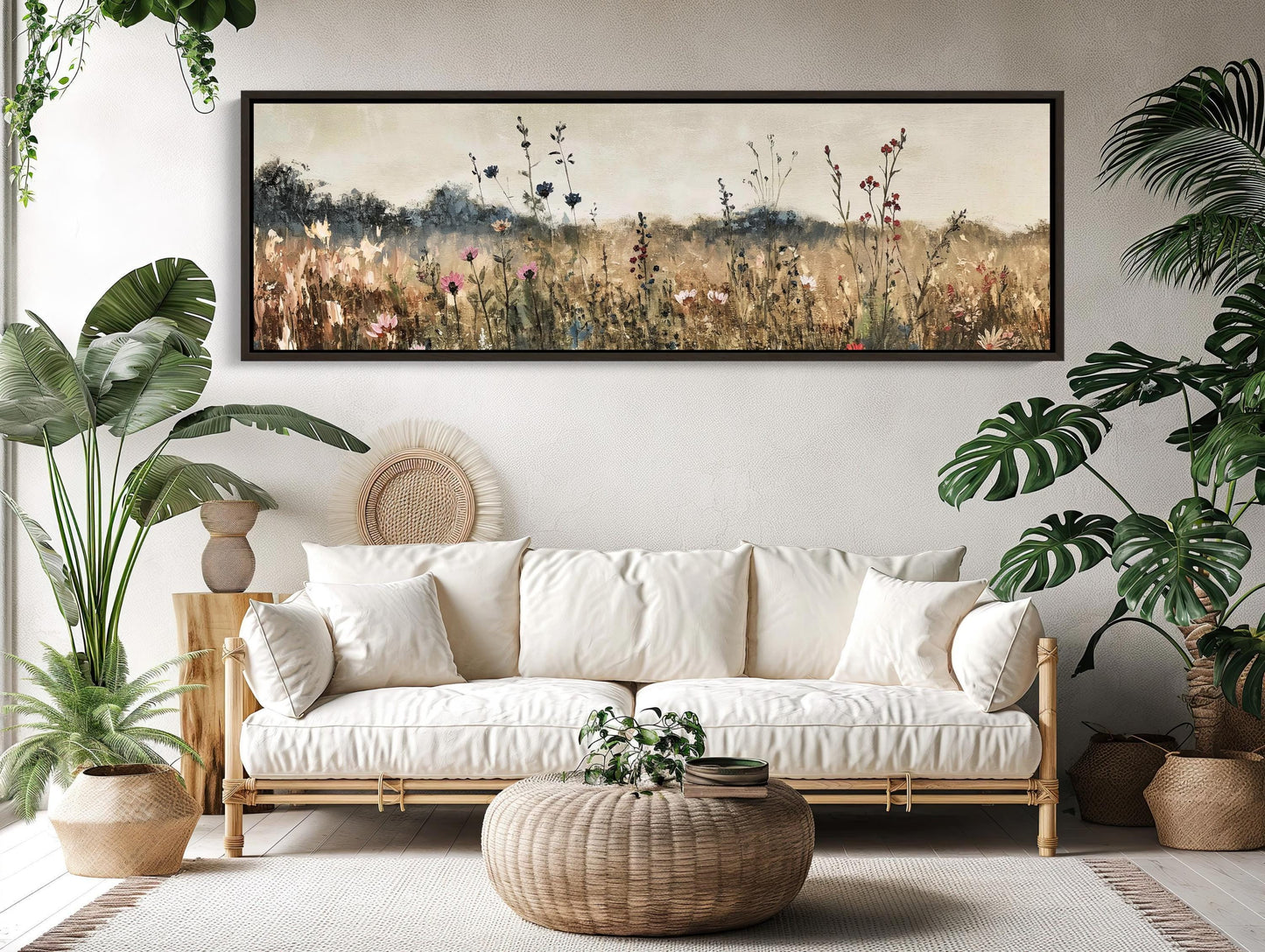 Vintage Wildflower Oilfield , Panoramic Rustic canvas wall art shown in a living room