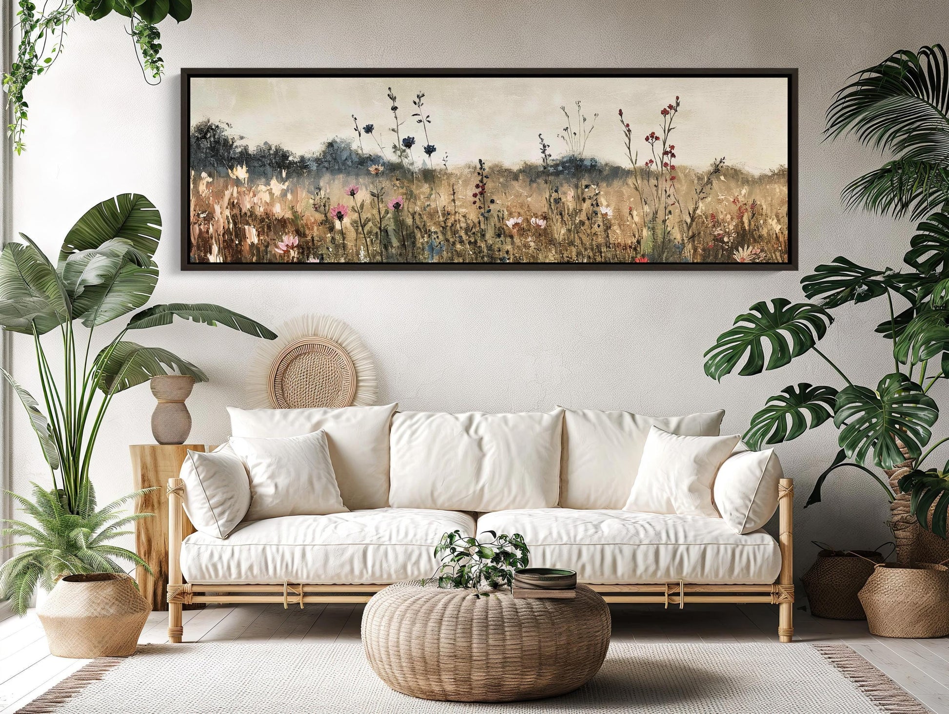 Vintage Wildflower Oilfield , Panoramic Rustic canvas wall art shown in a living room