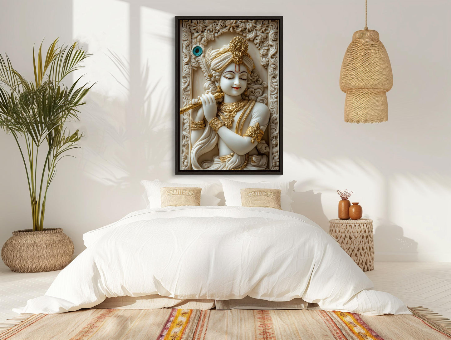 Krishna 3D Illusion canvas wall art shown above a bed (view 2)