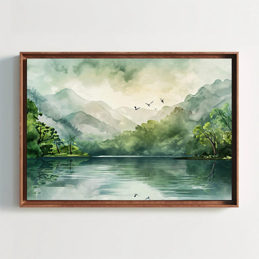 Tropical Forest Canvas - Large Watercolor Art Print | Framed Wall Art With Lake Reflection