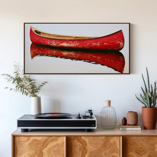 Red Canoe canvas wall art shown in a styled room