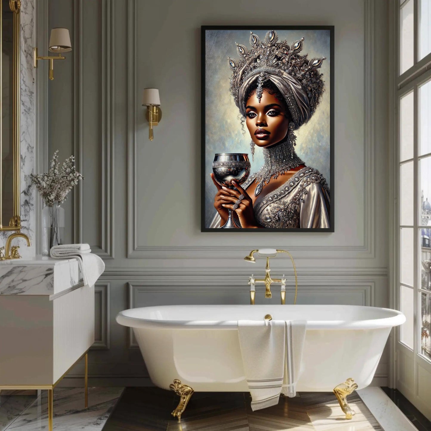 a painting of a woman holding a glass of wine