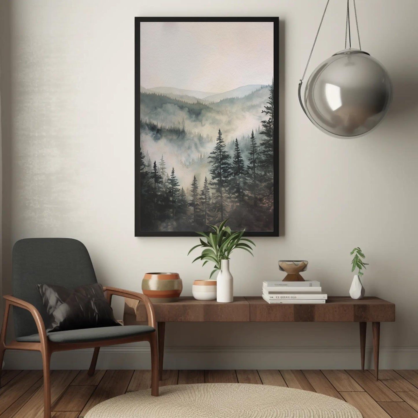 Misty Pine Forest canvas wall art shown in a living room (view 3)