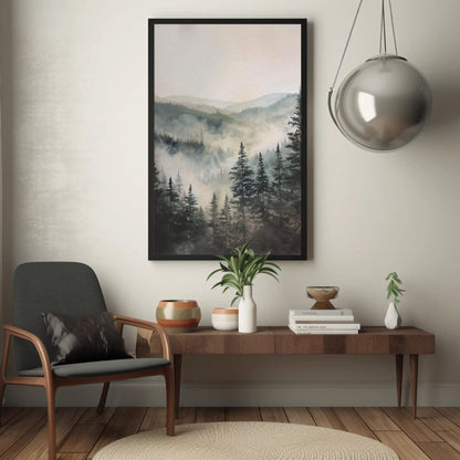 Misty Pine Forest canvas wall art shown in a living room (view 3)