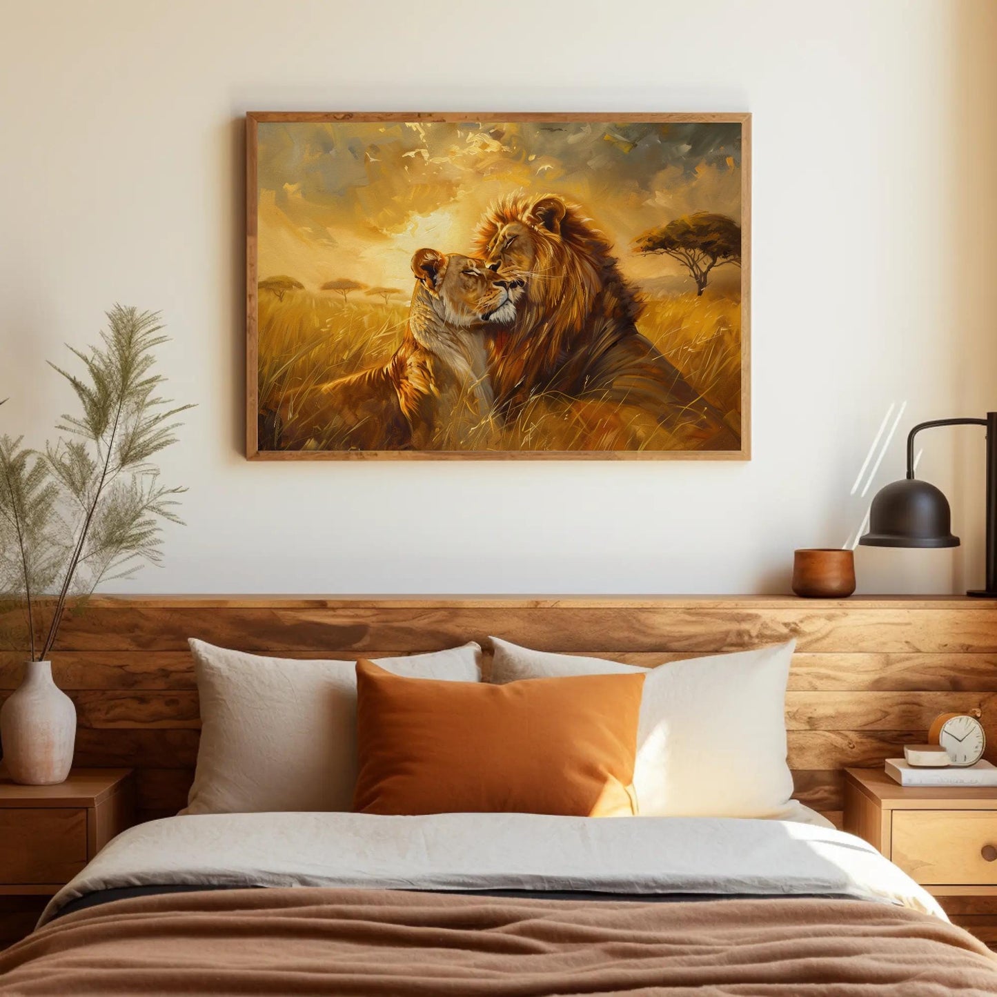 Lion Couple , Romantic Wildlife Sunset canvas wall art shown above a bed