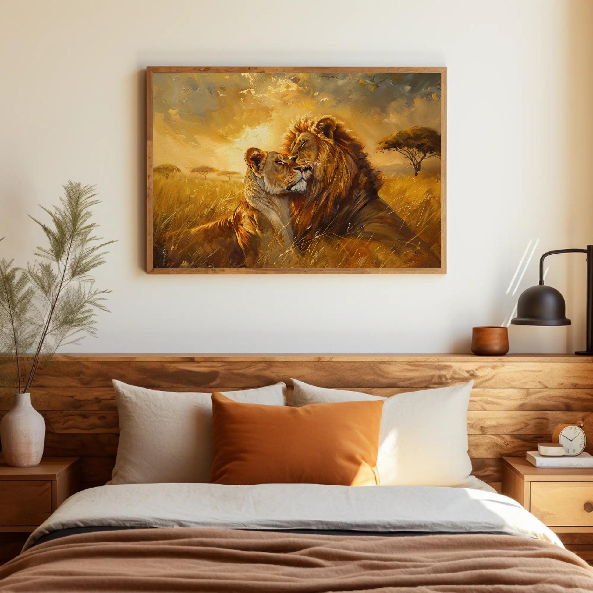 Lion Couple , Romantic Wildlife Sunset canvas wall art shown above a bed