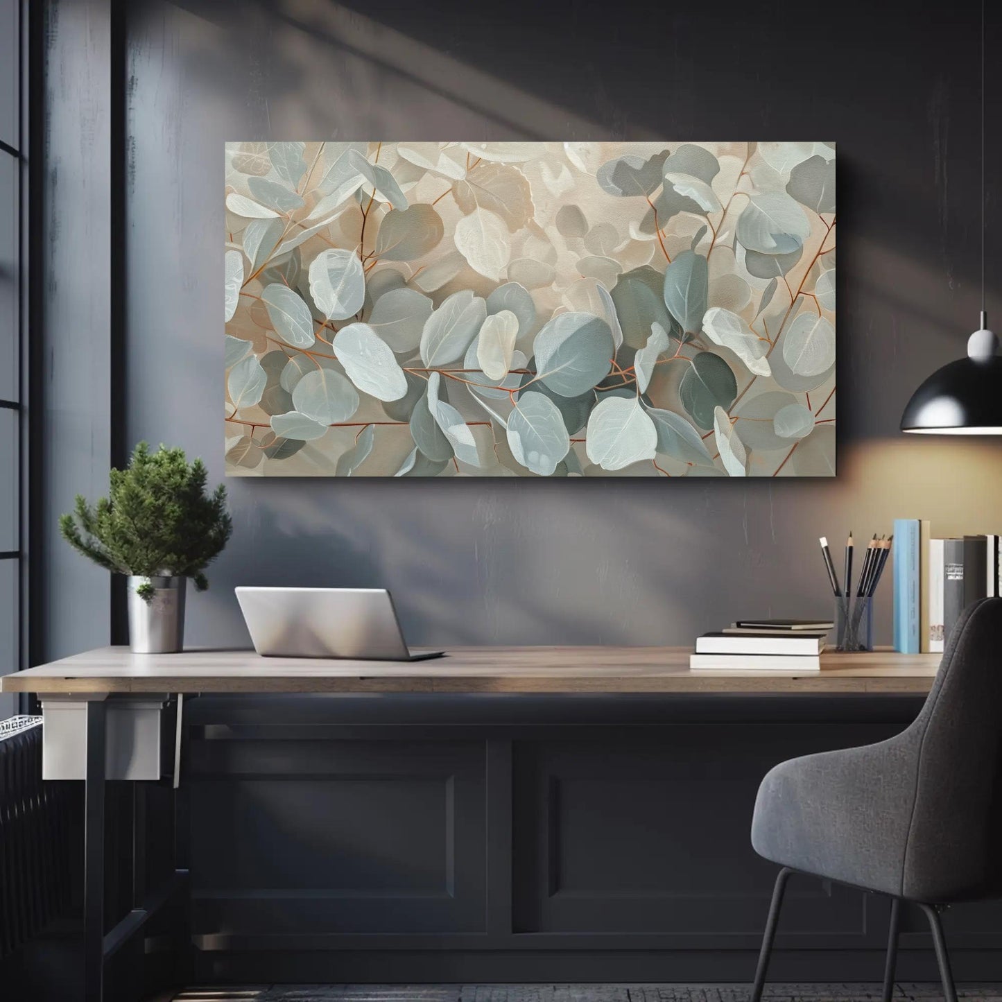 Eucalyptus Leaves Oil Painting canvas wall art shown above a desk
