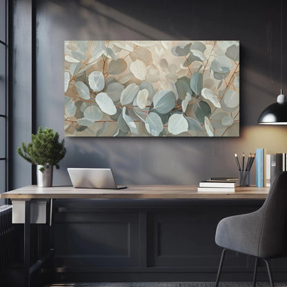 Eucalyptus Leaves Oil Painting canvas wall art shown above a desk