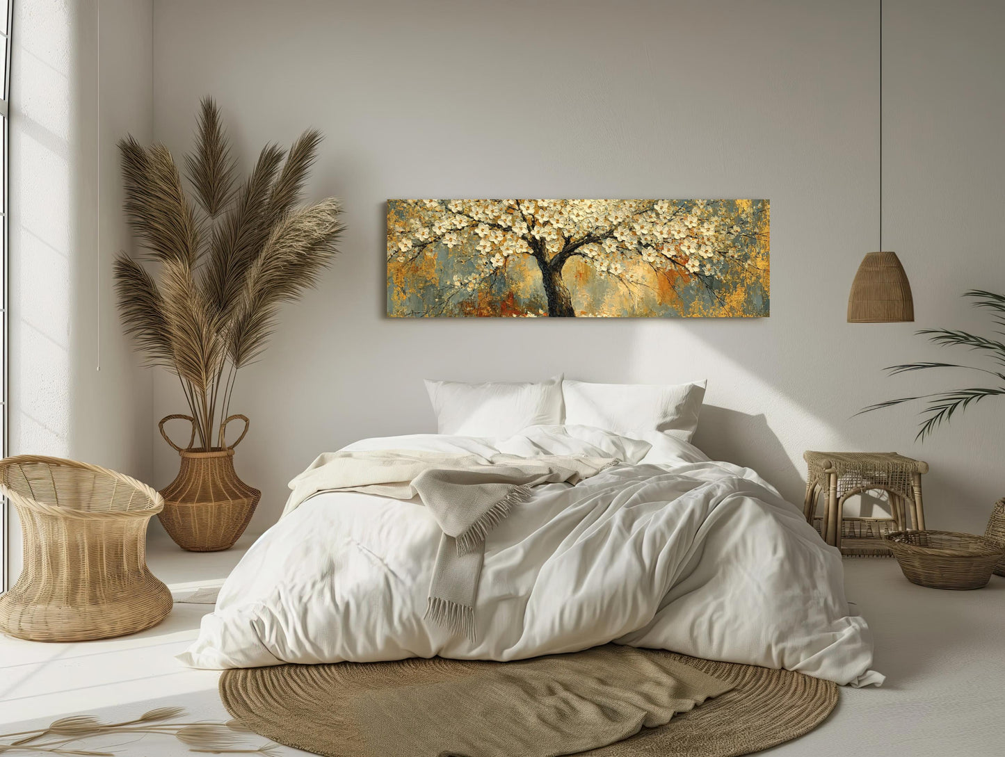 White Blossom Tree canvas wall art shown in a bedroom
