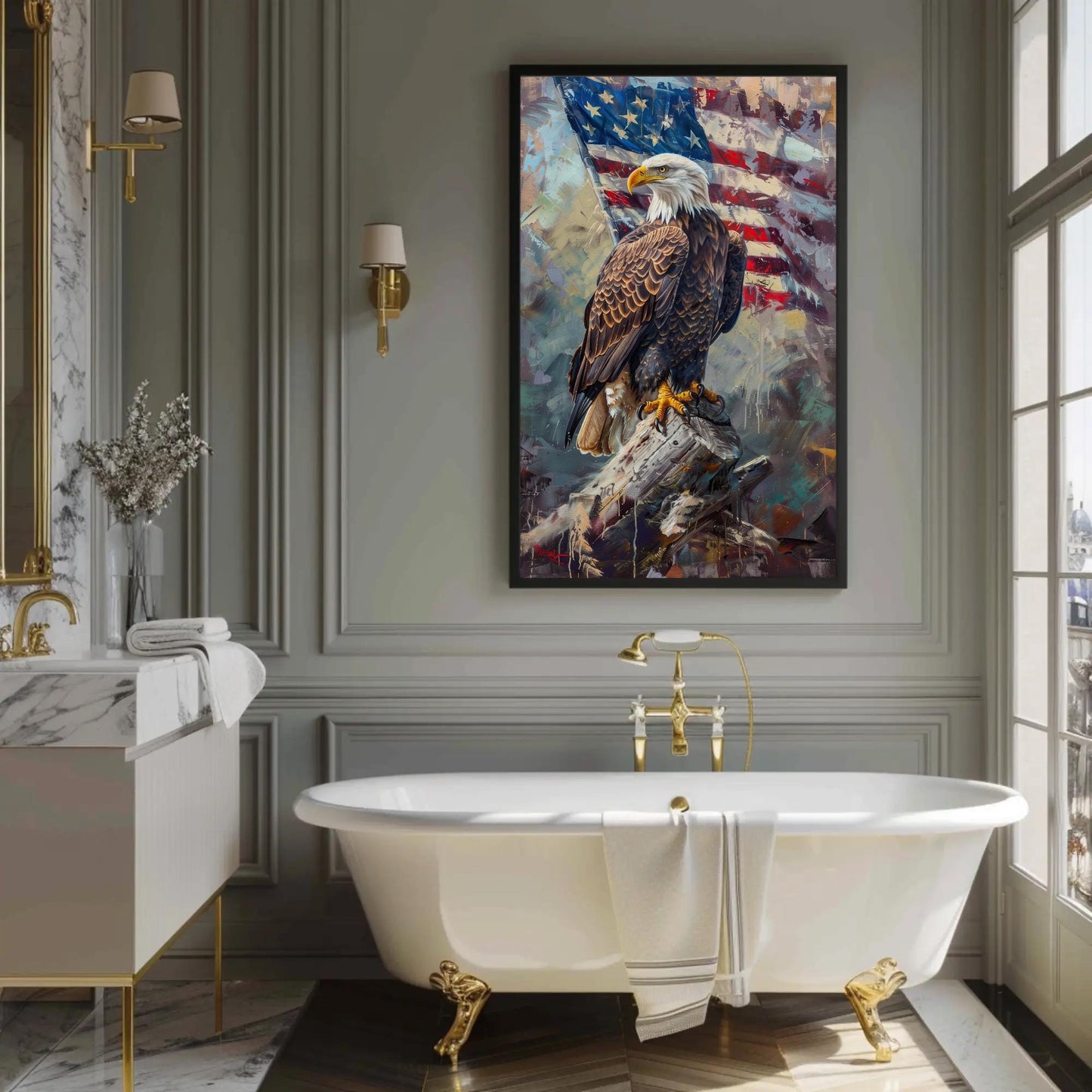 Bald Eagle canvas wall art shown in a bathroom