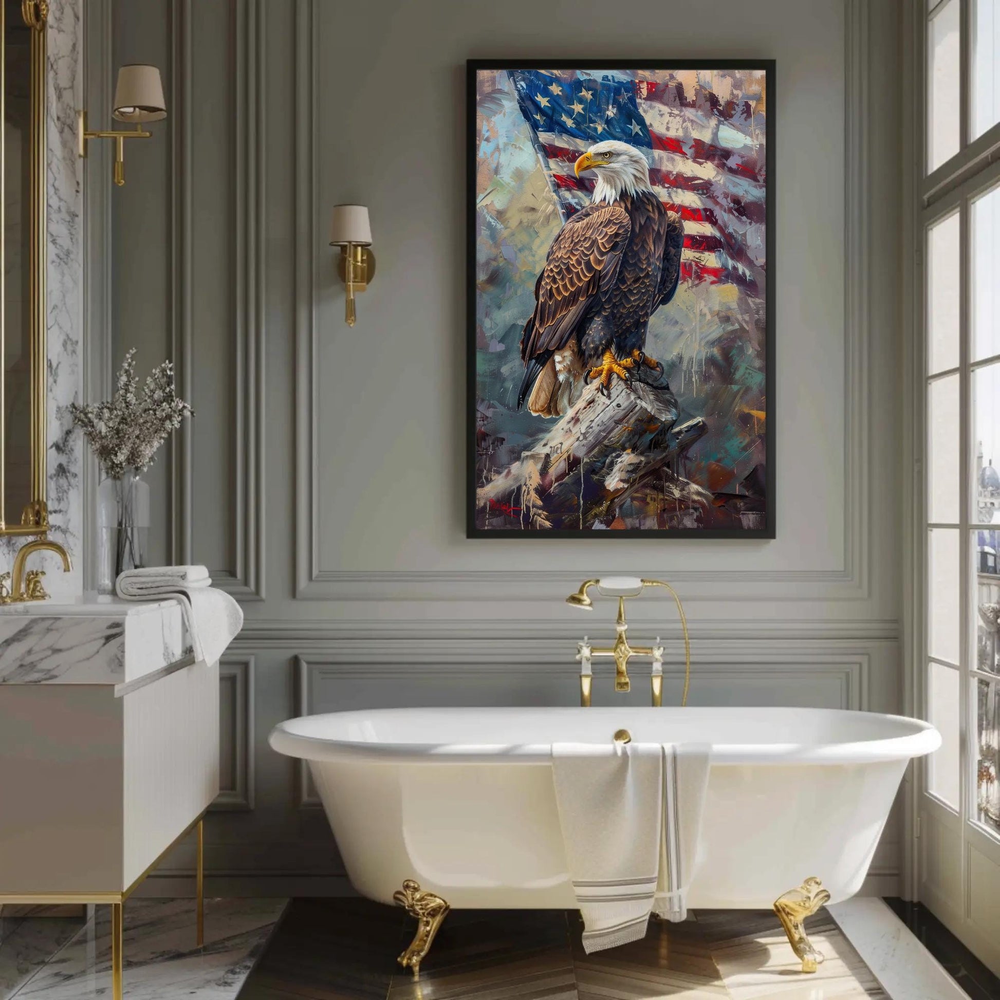 Bald Eagle canvas wall art shown in a bathroom