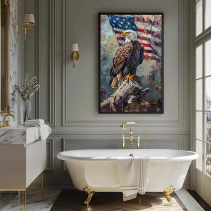 Bald Eagle canvas wall art shown in a bathroom