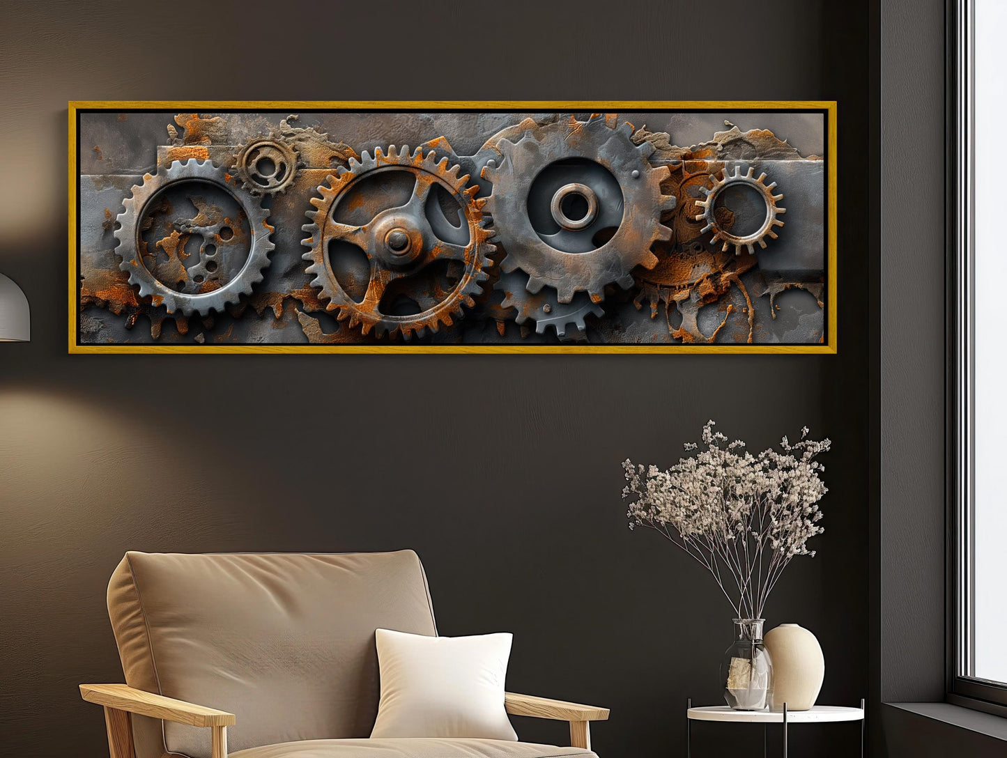 Metal Gears Canvas Print, Industrial Steampunk Panoramic Wall Art