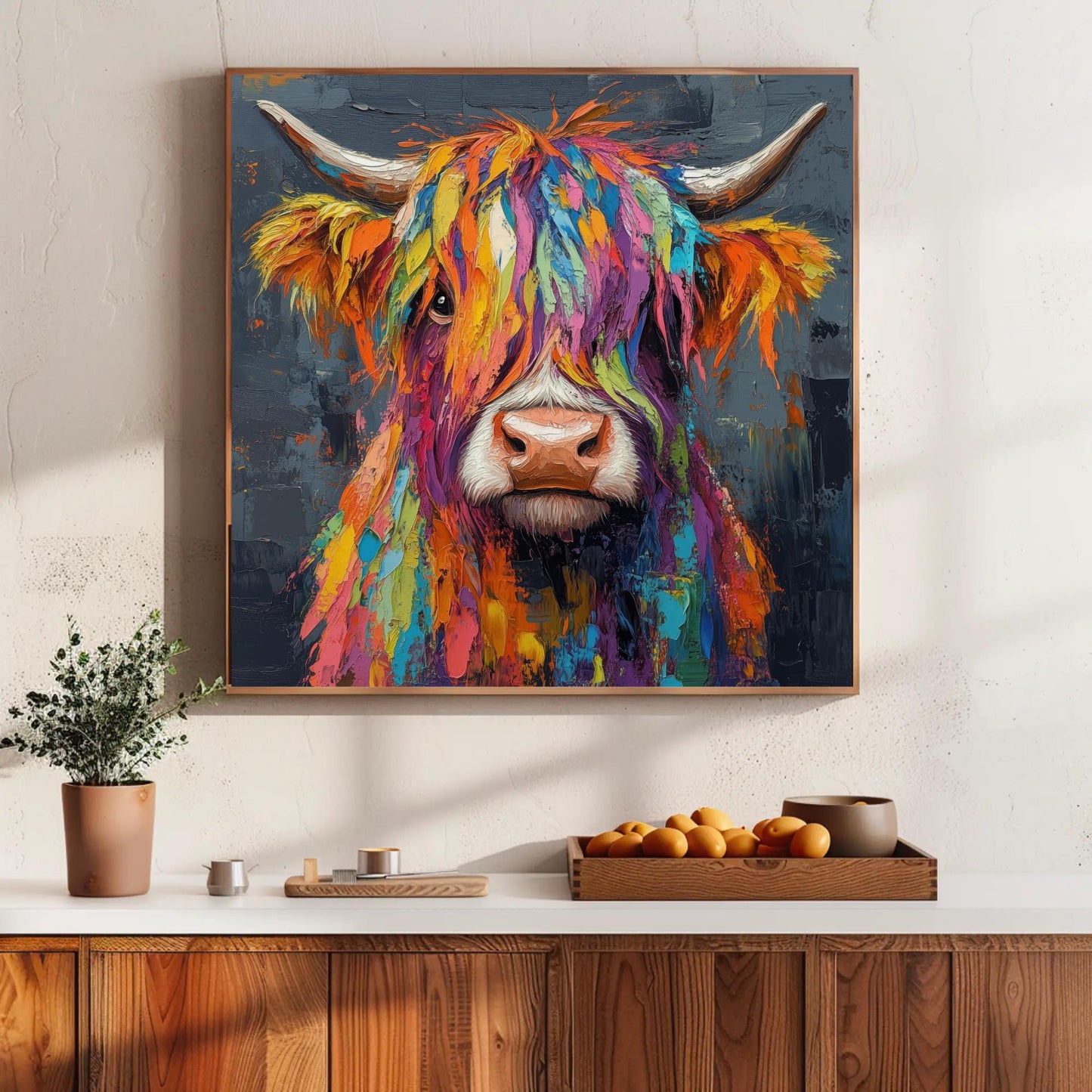 Colorful Highland Cow , Modern Farmhouse canvas wall art shown in a styled room (view 5)