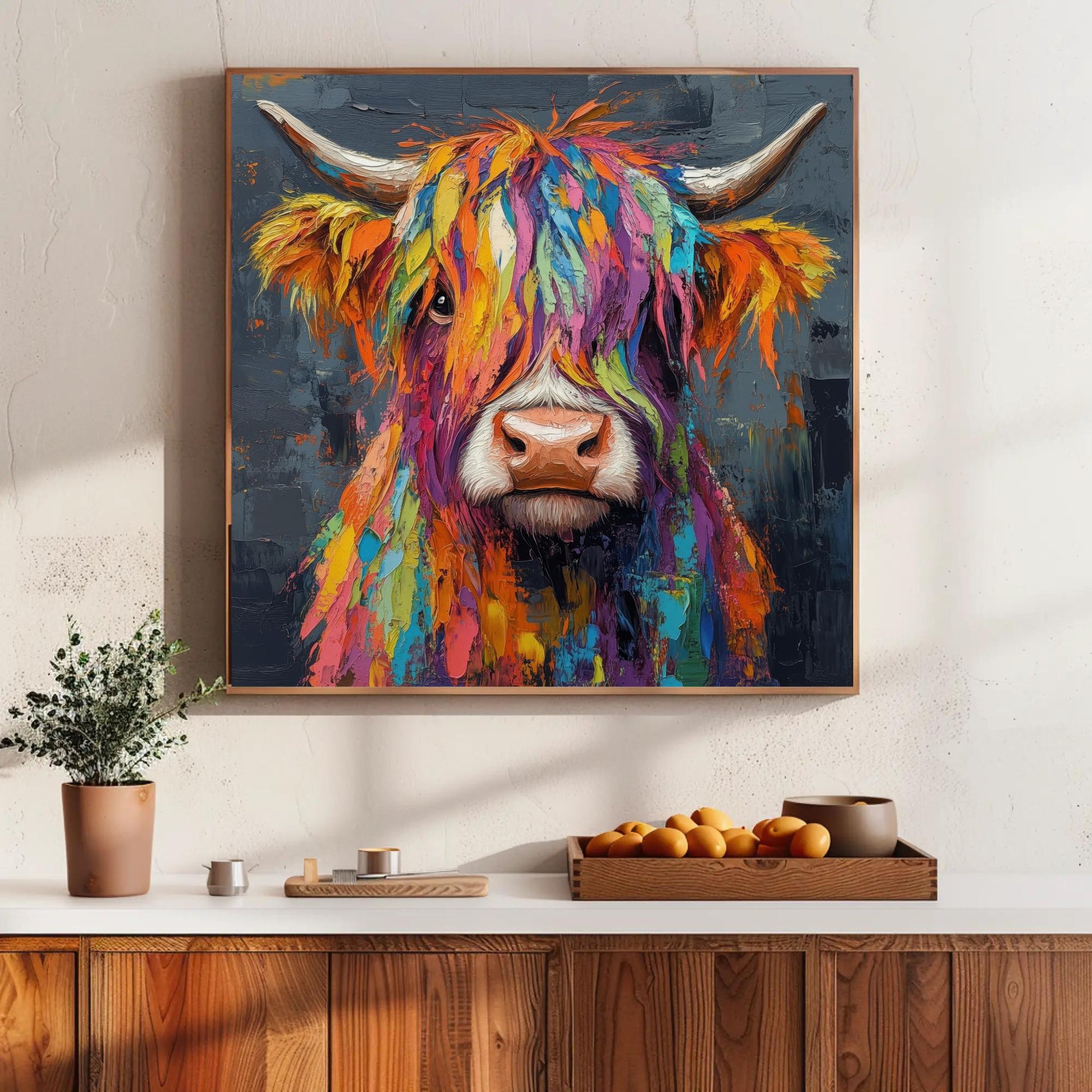 Colorful Highland Cow , Modern Farmhouse canvas wall art shown in a styled room (view 5)